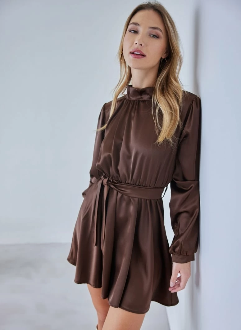 Best Pirce 🔥 The Fashion Project Φόρεμα σατέν με ψηλή λαιμόκοψη - Καφέ ⌛ 6 Best Pirce 🔥 The Fashion Project Φόρεμα σατέν με ψηλή λαιμόκοψη - Καφέ ⌛ - Image 6