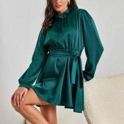 Καλύτερη πώληση 👍 The Fashion Project Φόρεμα σατέν με ψηλή λαιμόκοψη - Κυπαρισσί 🤩