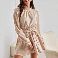 Flash Sale ✔️ The Fashion Project Φόρεμα σατέν με ψηλή λαιμόκοψη - Άμμου 😀 -Φορέματα Εκπτώσεις forema saten me psili laimokopsi 108532 neke