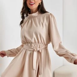 Flash Sale ✔️ The Fashion Project Φόρεμα σατέν με ψηλή λαιμόκοψη - Άμμου 😀