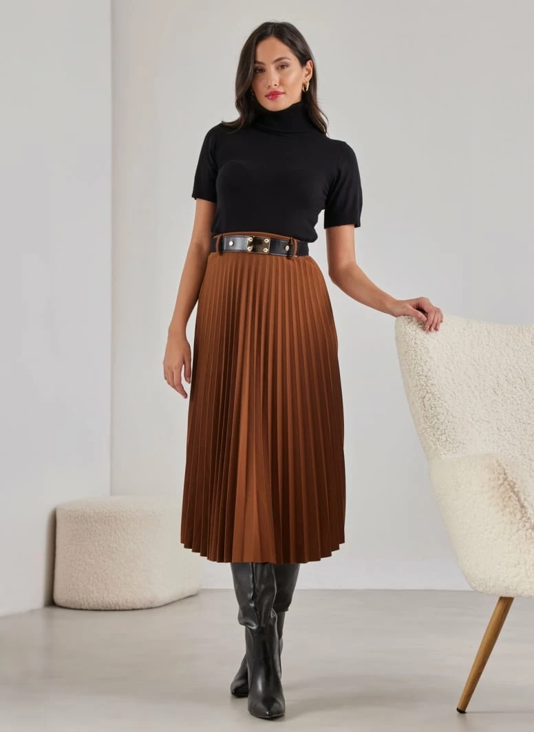 Τοπ 10 🔥 The Fashion Project Φούστα μίντι πλισέ με ζώνη - Καφέ 💯 3 Τοπ 10 🔥 The Fashion Project Φούστα μίντι πλισέ με ζώνη - Καφέ 💯 - Image 3