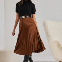 Τοπ 10 🔥 The Fashion Project Φούστα μίντι πλισέ με ζώνη - Καφέ 💯