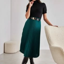 Η καλύτερη συμφωνία 🔥 The Fashion Project Φούστα μίντι πλισέ με ζώνη - Κυπαρισσί 🎉