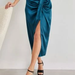 Flash Sale 🥰 The Fashion Project Φούστα μίντι σατέν με άνοιγμα - Petrol 🎉