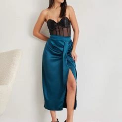 Flash Sale 🥰 The Fashion Project Φούστα μίντι σατέν με άνοιγμα - Petrol 🎉 -Φορέματα Εκπτώσεις fousta minti saten me anoigma 108420 g3jw