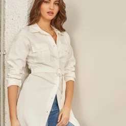 Best Pirce 😉 The Fashion Project Καπαρτινέ φόρεμα πουκάμισο με ζώνη - Λευκό ✨ -Φορέματα Εκπτώσεις kapartine forema poukamiso me zwni 87351 3emv