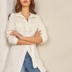 Best Pirce 😉 The Fashion Project Καπαρτινέ φόρεμα πουκάμισο με ζώνη - Λευκό ✨ -Φορέματα Εκπτώσεις kapartine forema poukamiso me zwni 87351 tg6m