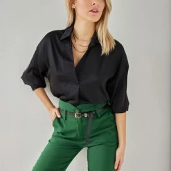 Νέος 💯 The Fashion Project Μπλούζα σατέν με γιακά - Μαύρο 😀 -Φορέματα Εκπτώσεις mplouza saten me giaka 106838 wf9o