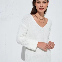 Τοπ 10 🎁 The Fashion Project Πλεκτό φόρεμα με άνοιγμα στο πλάι - Λευκό ✔️ -Φορέματα Εκπτώσεις plekto midi forema me v cut laimokopsi 97104 h7c7