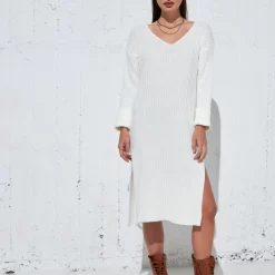 Τοπ 10 🎁 The Fashion Project Πλεκτό φόρεμα με άνοιγμα στο πλάι - Λευκό ✔️ -Φορέματα Εκπτώσεις plekto midi forema me v cut laimokopsi 97104 rh79