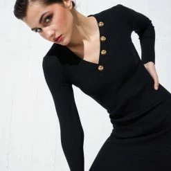 Πολύ καλή προσφορά 🔔 The Fashion Project Πλεκτό φόρεμα με χρυσά κουμπιά - Μαύρο 🥰 -Φορέματα Εκπτώσεις rip efarmosto forema me xrusa koumpia 95912 26d6