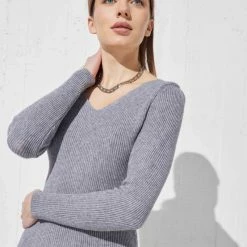 Πολύ καλή προσφορά 👍 The Fashion Project Πλεκτό φόρεμα με ανοιχτή λαιμόκοψη - Γκρι ✔️ -Φορέματα Εκπτώσεις rip plekto efarmosto forema 96053 mnrk