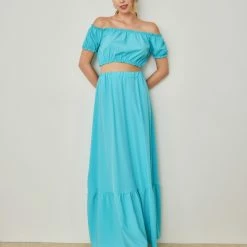 Τοπ 10 🌟 The Fashion Project Σετ φούστα με Cropped τοπάκι - Τυρκουάζ ⭐ -Φορέματα Εκπτώσεις set fousta me cropped topaki 104599 k2w4