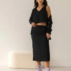 Ολοκαίνουργιο 🔥 The Fashion Project Σετ φούστα με τοπ και ζακέτα - Μαύρο 😀 -Φορέματα Εκπτώσεις set fousta me top kai zaketa 107749 kh54