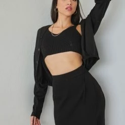 Κουπόνι 🤩 The Fashion Project Σετ φούστα με τοπ και ζακέτα - Μαύρο 😍