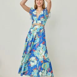 Εξοδος 💯 The Fashion Project Σετ φούστα με τοπ με μεγάλα λουλούδια - Μπλε 😉 -Φορέματα Εκπτώσεις set fousta me top me megala louloudia 104852 s74a