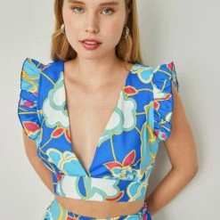 Εξοδος 💯 The Fashion Project Σετ φούστα με τοπ με μεγάλα λουλούδια - Μπλε 😉 -Φορέματα Εκπτώσεις set fousta me top me megala louloudia 104852 ybe9