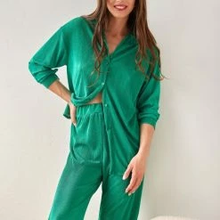 Προϋπολογισμός 😀 The Fashion Project Σετ γκοφρέ παντελόνα με πουκάμισο - Πράσινο ❤️