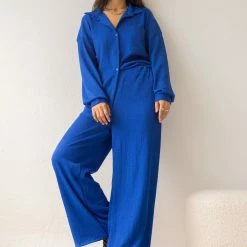 Νέος ⭐ The Fashion Project Σετ γκοφρέ παντελόνα με πουκάμισο - Μπλε 🧨 -Φορέματα Εκπτώσεις set gkofre pantelona me poukamiso 107742 4owo