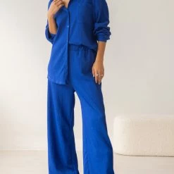 Νέος ⭐ The Fashion Project Σετ γκοφρέ παντελόνα με πουκάμισο - Μπλε 🧨