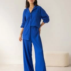 Νέος ⭐ The Fashion Project Σετ γκοφρέ παντελόνα με πουκάμισο - Μπλε 🧨 -Φορέματα Εκπτώσεις set gkofre pantelona me poukamiso 107742 i2xn