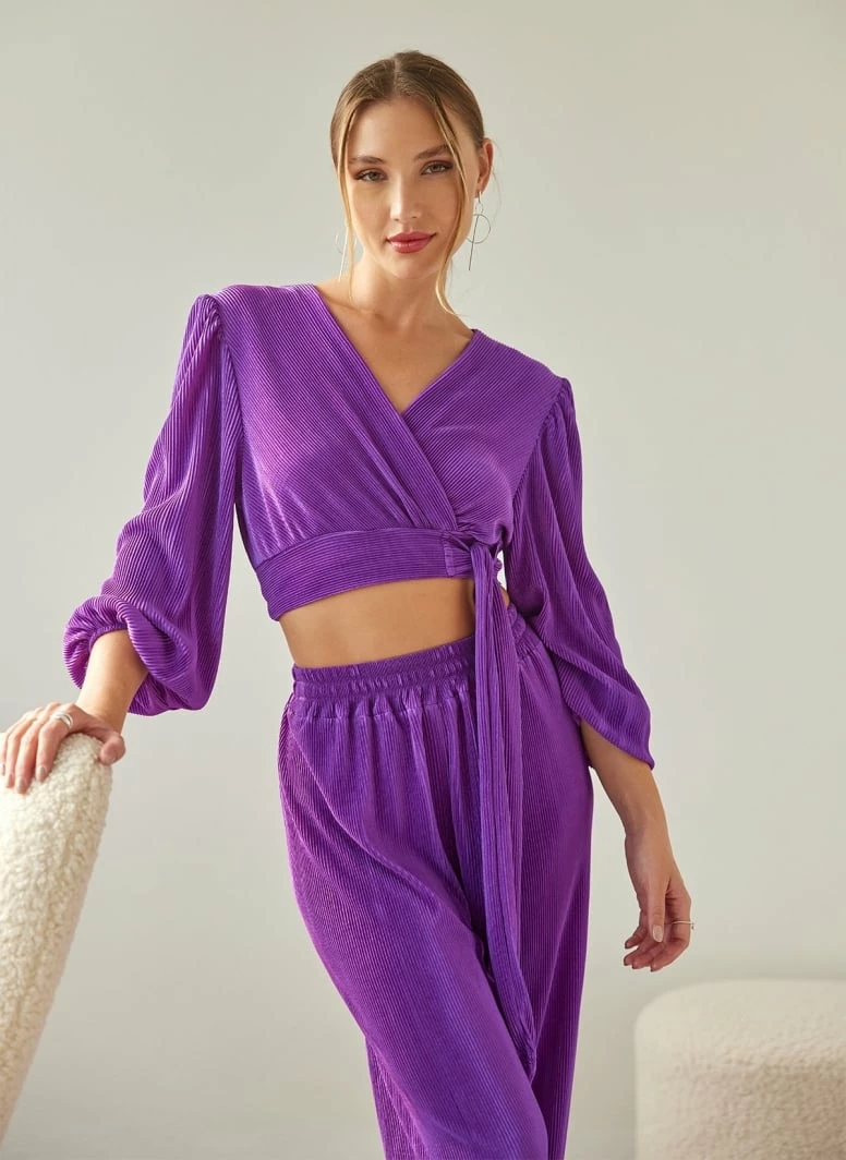 ΧΟΝΔΡΙΚΟ ΕΜΠΟΡΙΟ 🥰 The Fashion Project Σετ γκοφρέ παντελόνι με κρουαζέ τοπ - Μωβ 🎉 3 ΧΟΝΔΡΙΚΟ ΕΜΠΟΡΙΟ 🥰 The Fashion Project Σετ γκοφρέ παντελόνι με κρουαζέ τοπ - Μωβ 🎉 - Image 3