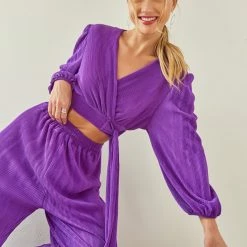 ΧΟΝΔΡΙΚΟ ΕΜΠΟΡΙΟ 🥰 The Fashion Project Σετ γκοφρέ παντελόνι με κρουαζέ τοπ - Μωβ 🎉