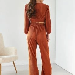 Εξοδος 😀 The Fashion Project Σετ γκοφρέ παντελόνι με κρουαζέ τοπ - Κεραμιδί 🎁 -Φορέματα Εκπτώσεις set gkofre panteloni me krouaze top 108515 mk87