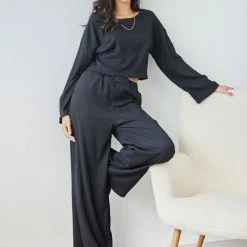 Τοπ 10 😀 The Fashion Project Σετ γκοφρέ παντελόνι με τοπ - Μαύρο 🤩