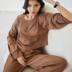 Καλύτερη πώληση ❤️ The Fashion Project Σετ γκοφρέ παντελόνι με τοπ - Καφέ 🎉