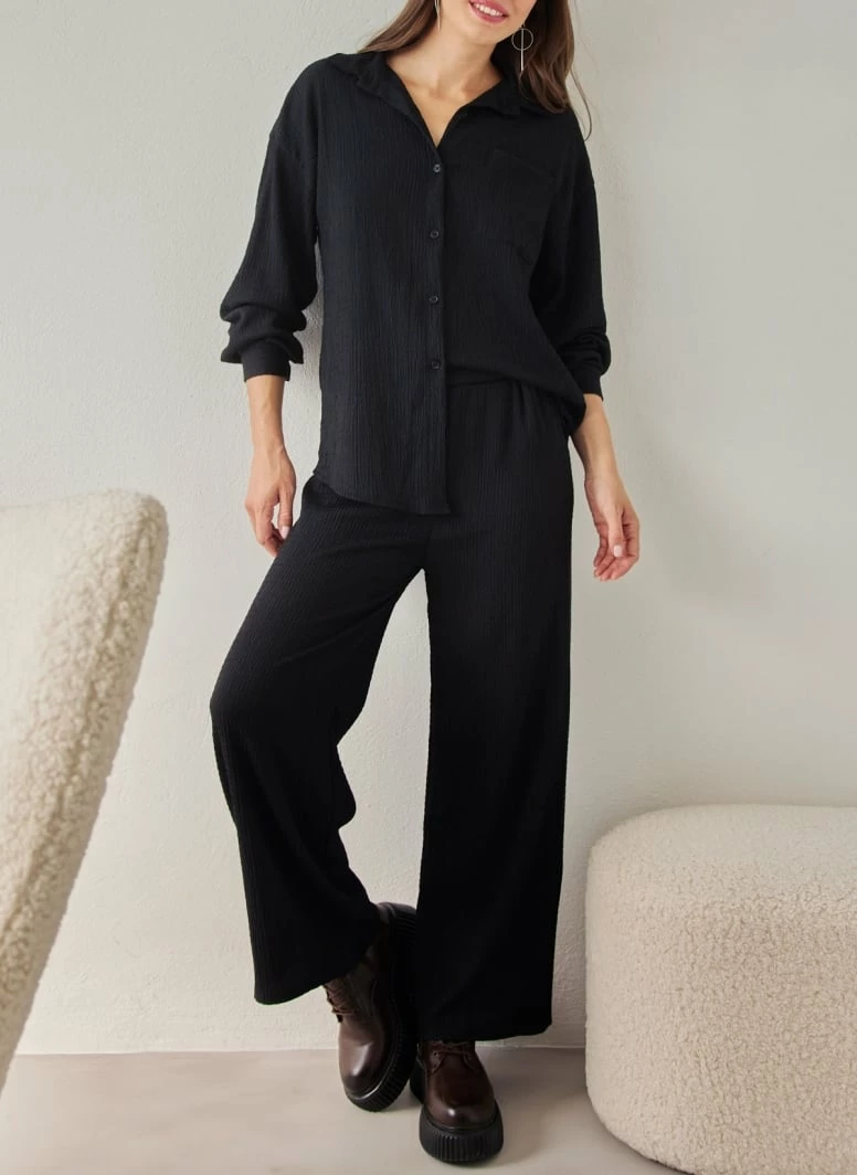 ΧΟΝΔΡΙΚΟ ΕΜΠΟΡΙΟ 💯 The Fashion Project Σετ γκοφρέ πουκάμισο με παντελόνι - Μαύρο 🎁 1 ΧΟΝΔΡΙΚΟ ΕΜΠΟΡΙΟ 💯 The Fashion Project Σετ γκοφρέ πουκάμισο με παντελόνι - Μαύρο 🎁