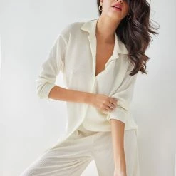 Πολύ καλή προσφορά 🎉 The Fashion Project Σετ γκοφρέ πουκάμισο με παντελόνι - Ζαχαρί 🔥 -Φορέματα Εκπτώσεις set gkofre poukamiso me panteloni 108520 6pte