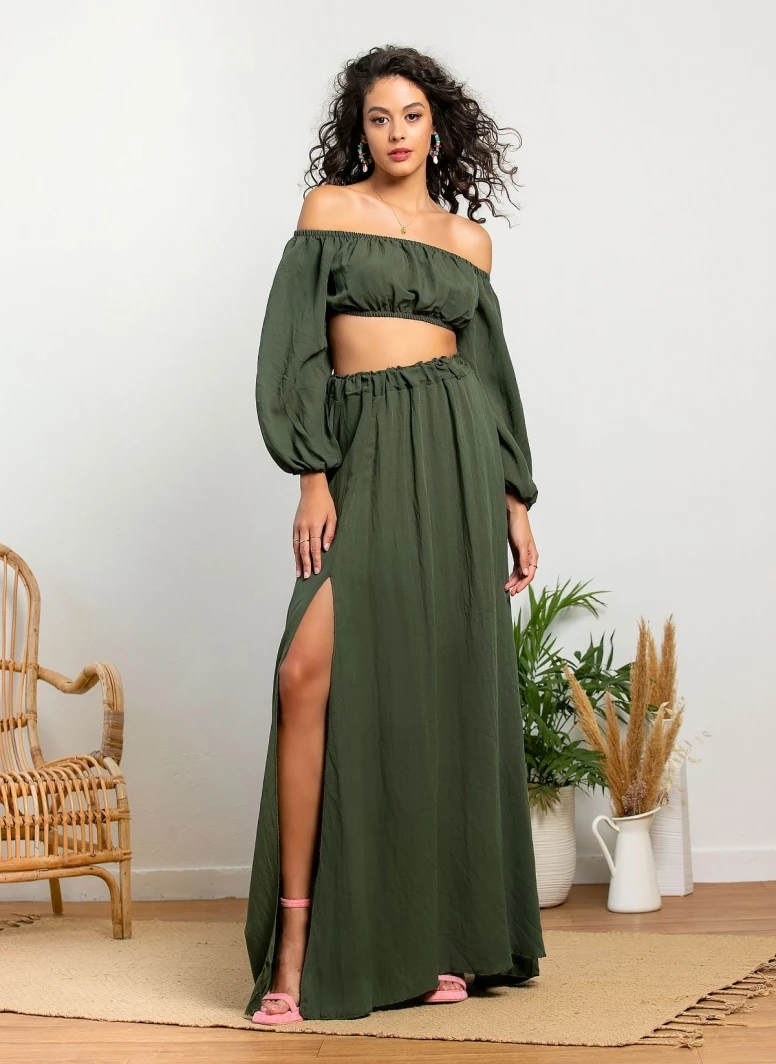 Best Pirce 🧨 The Fashion Project Σετ λινή φούστα με Cropped τοπάκι - Χακί ⌛ 2 Best Pirce 🧨 The Fashion Project Σετ λινή φούστα με Cropped τοπάκι - Χακί ⌛ - Image 2