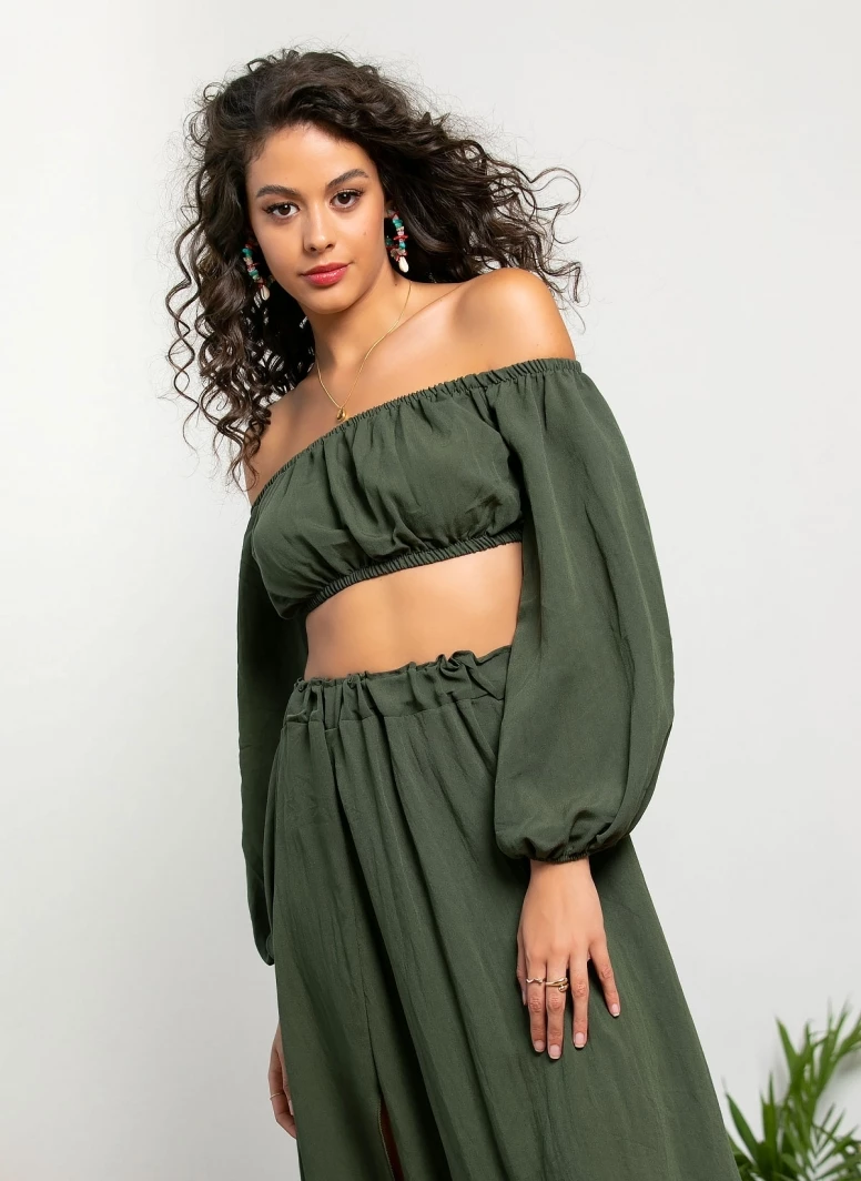 Best Pirce 🧨 The Fashion Project Σετ λινή φούστα με Cropped τοπάκι - Χακί ⌛ 3 Best Pirce 🧨 The Fashion Project Σετ λινή φούστα με Cropped τοπάκι - Χακί ⌛ - Image 3