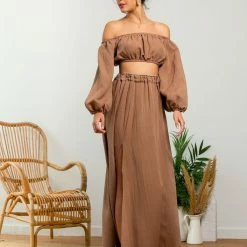 Νέος ✨ The Fashion Project Σετ λινή φούστα με Cropped τοπάκι - Caramel 🛒 -Φορέματα Εκπτώσεις set lini fousta me cropped topaki 105198 629u