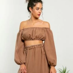 Νέος ✨ The Fashion Project Σετ λινή φούστα με Cropped τοπάκι - Caramel 🛒 -Φορέματα Εκπτώσεις set lini fousta me cropped topaki 105198 v0m6