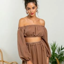 Νέος ✨ The Fashion Project Σετ λινή φούστα με Cropped τοπάκι - Caramel 🛒 -Φορέματα Εκπτώσεις set lini fousta me cropped topaki 105198 v318