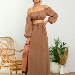 Νέος ✨ The Fashion Project Σετ λινή φούστα με Cropped τοπάκι - Caramel 🛒 -Φορέματα Εκπτώσεις set lini fousta me cropped topaki 105198 wan7