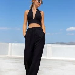 Προώθηση 🧨 The Fashion Project Σετ λινό παντελόνι με δετό τοπ - Μαύρο ✔️