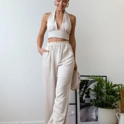 Καλύτερη πώληση 💯 The Fashion Project Σετ λινό παντελόνι με δετό τοπ - Μπεζ 😍 -Φορέματα Εκπτώσεις set lino panteloni me deto top 105396 6dte