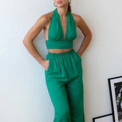 Καλύτερες κριτικές για 💯 The Fashion Project Σετ λινό παντελόνι με δετό τοπ - Πράσινο 🔔