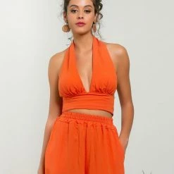 Εξοδος 😀 The Fashion Project Σετ λινό παντελόνι με δετό τοπ - Πορτοκαλί 🔔