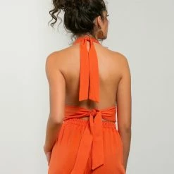 Εξοδος 😀 The Fashion Project Σετ λινό παντελόνι με δετό τοπ - Πορτοκαλί 🔔 -Φορέματα Εκπτώσεις set lino panteloni me deto top 105398 skn1