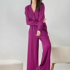 Best Pirce 🔥 The Fashion Project Σετ παντελόνα γκοφρέ με Cropped πουκάμισο - Magenta ⌛ -Φορέματα Εκπτώσεις set pantelona gkofre me cropped poukamiso 108101 spsl