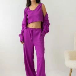 Συμφωνίες 👍 The Fashion Project Σετ παντελόνα με τοπ και Cropped ζακέτα - Magenta 🎁