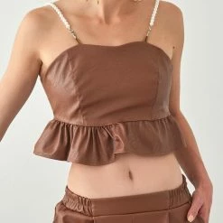 Καλύτερη πώληση 🛒 The Fashion Project Σετ παντελόνι με τοπ δερματίνη - Καφέ 💯 -Φορέματα Εκπτώσεις set panteloni me top dermatini 108435 p82k