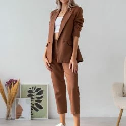 Τοπ 10 🌟 The Fashion Project Σετ σακάκι σταυρωτό με παντελόνι - Καφέ 😀 -Φορέματα Εκπτώσεις set sakaki staurwto me panteloni 108805 cmcj