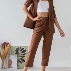 Τοπ 10 🌟 The Fashion Project Σετ σακάκι σταυρωτό με παντελόνι - Καφέ 😀