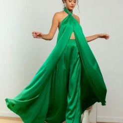 Flash Sale 🥰 The Fashion Project Σετ σατέν μακριά τουνίκ με παντελόνι - Πράσινο 🎉 -Φορέματα Εκπτώσεις set saten makria tounik me panteloni 105407 szn7