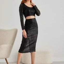 Best Pirce ⭐ The Fashion Project Σετ τοπ και φούστα με παγιέτες - Μαύρο 🥰 -Φορέματα Εκπτώσεις set top kai fousta me pagietes 109314 p5or
